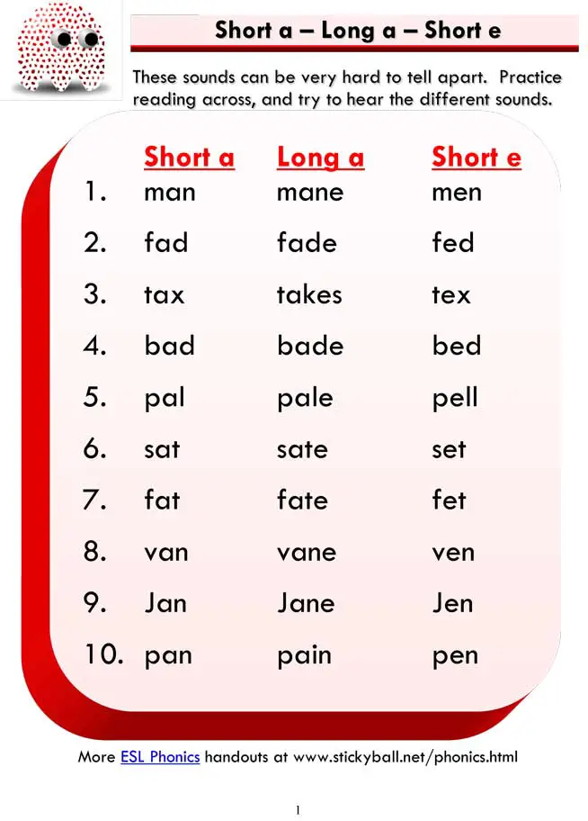 short a long a short e word list and sentences 1
