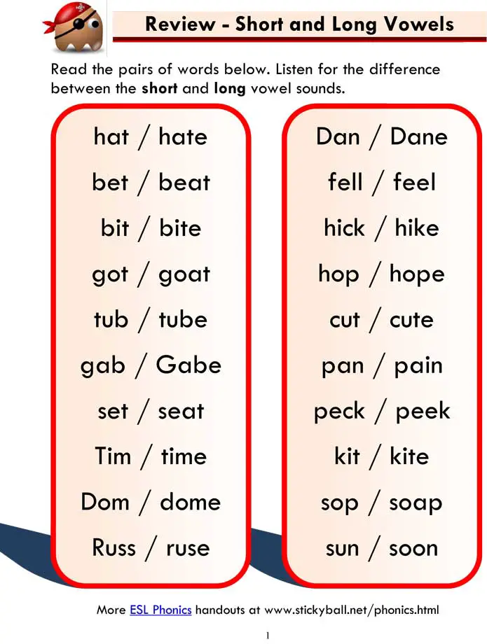 short and long vowels word list and sentences 1