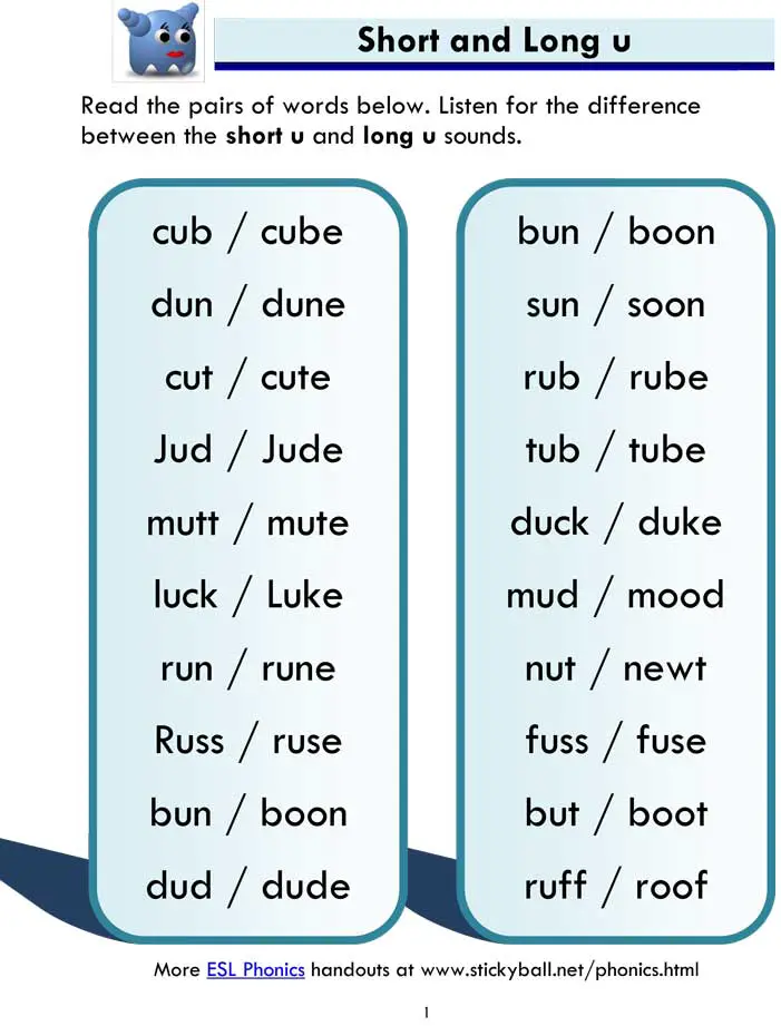 short u and long u word list and sentences 1