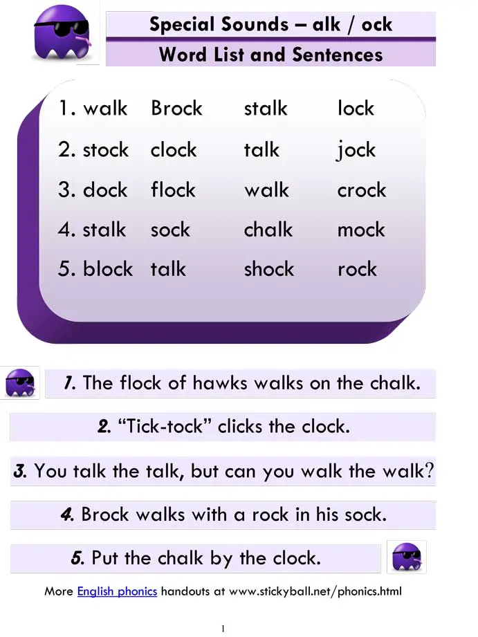 alk ock word list and sentences