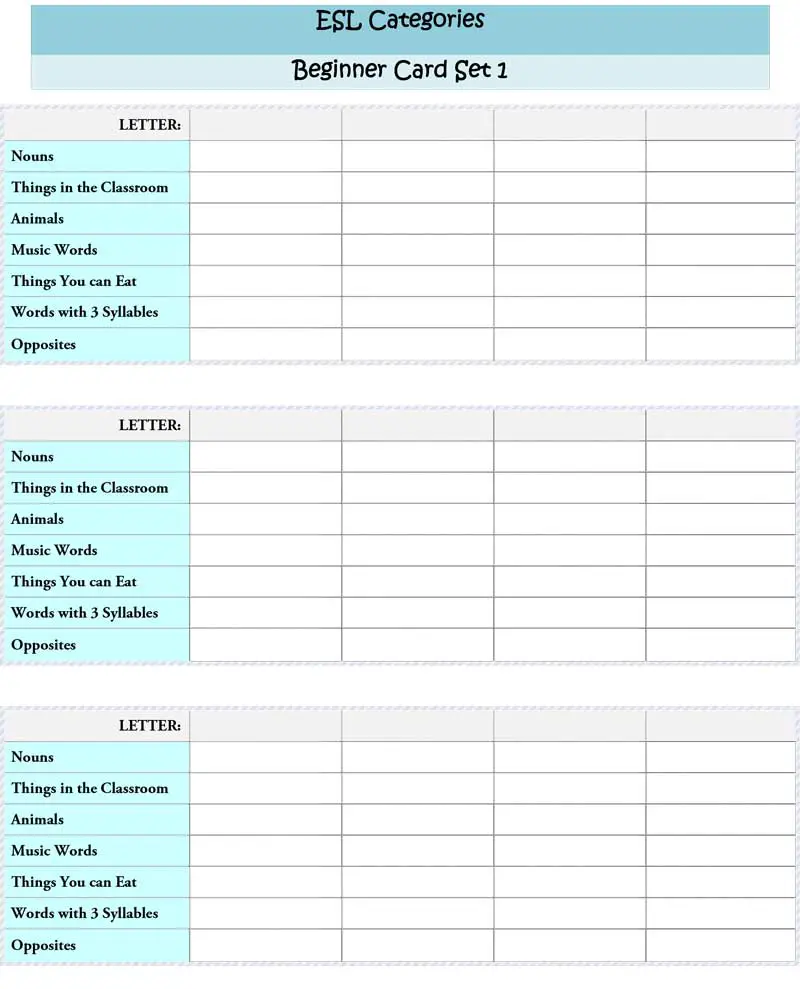 ESL Categories Beginner 1
