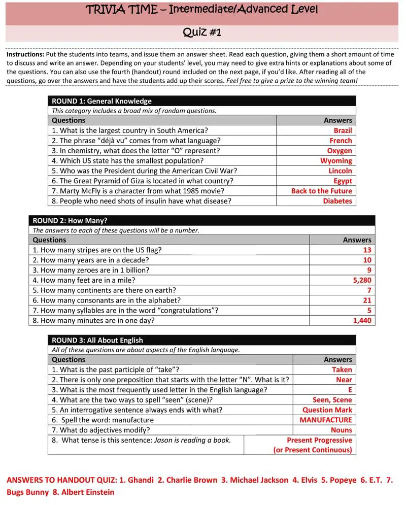 Trivia Game For Advanced Esl Students 1