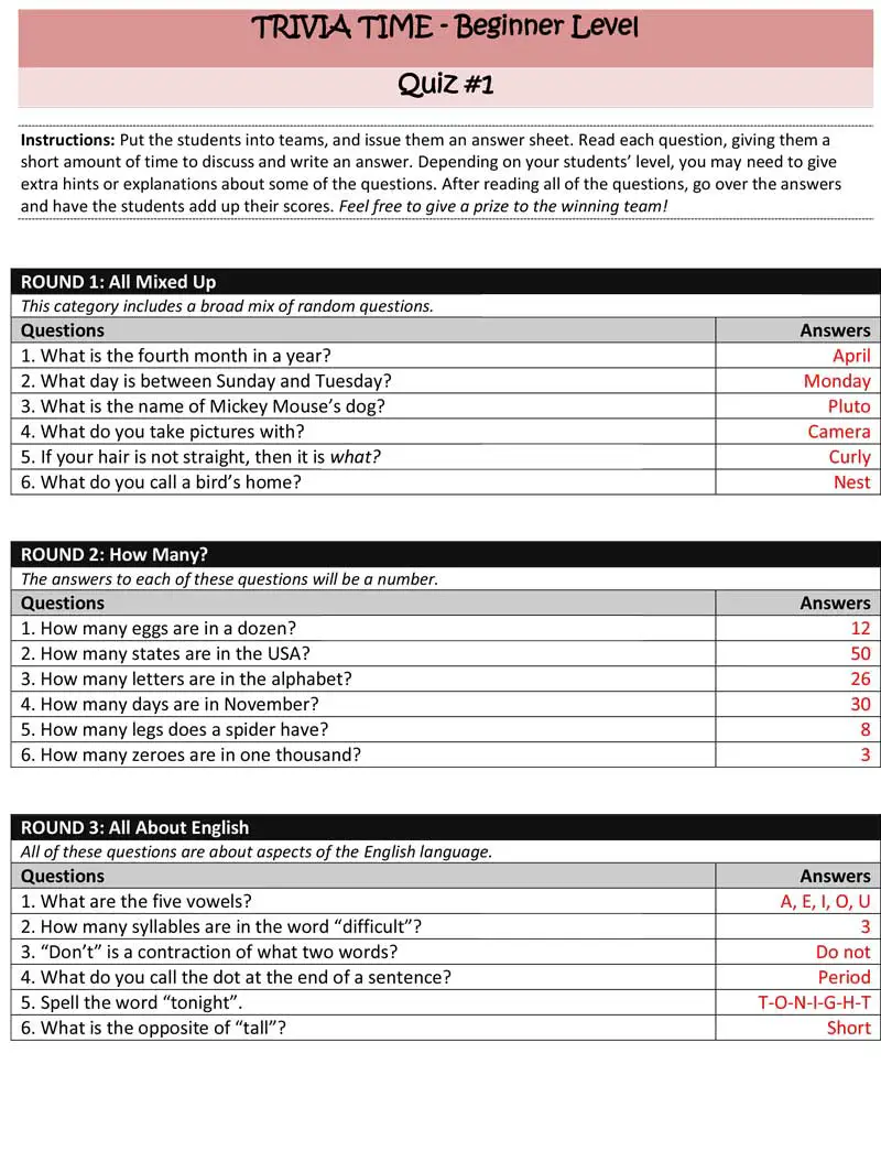 Esl Trivia Game For Beginner Students