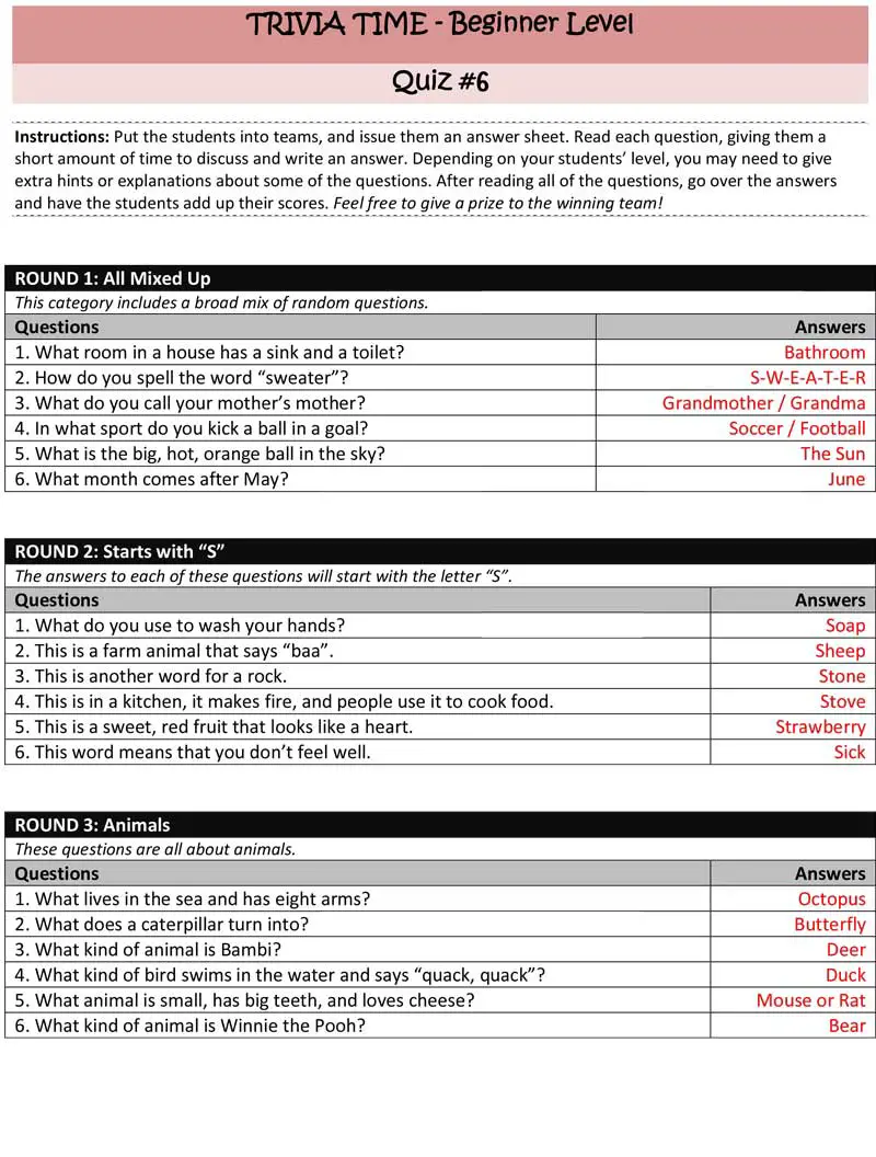 Esl Trivia Game For Beginner Intermediate Students