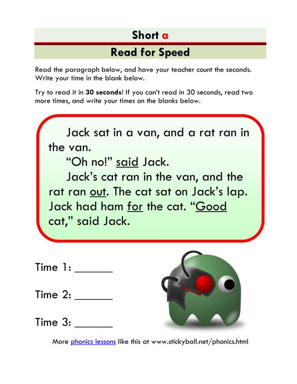 ESL Phonics: Short A - Read for Speed Exercise
