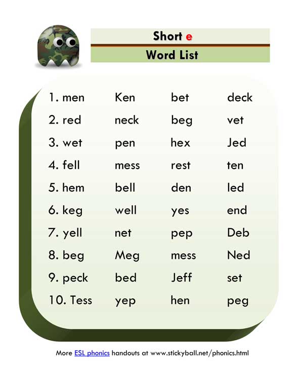 ESL Phonics Lessons - Short e Word List and Sentences