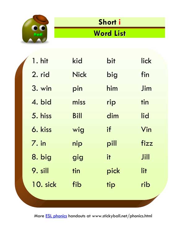 ESL Phonics: Short "i" - Word List and Sentences
