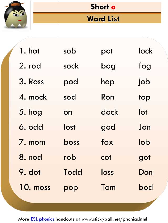ESL Phonics: Short "o" word list and sentences
