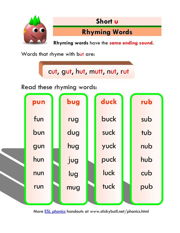 ESL Phonics: Short "u" - Rhyming Words