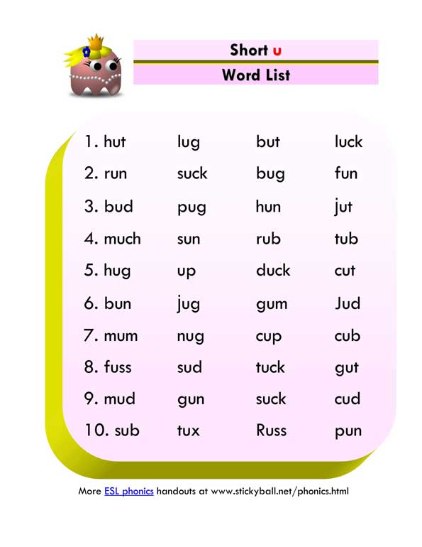 ESL Phonics: Short "u" - Word List and Sentences