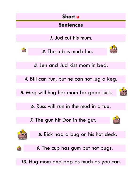 short u word list and sentences 2