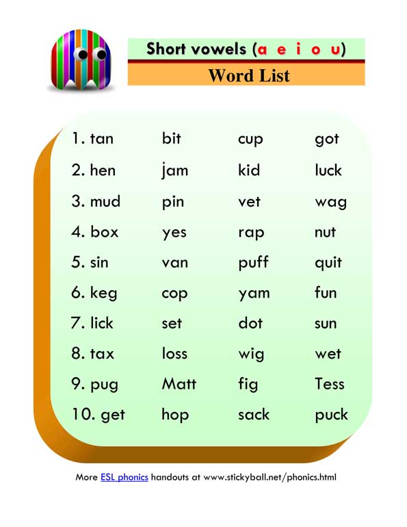 ESL Phonics: short vowels mixed word list and sentences