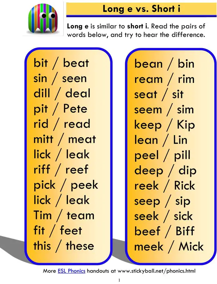 ESL Phonics: Long e and Short i