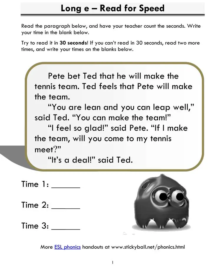 ESL Phonics: Long "e" - Read for Speed!