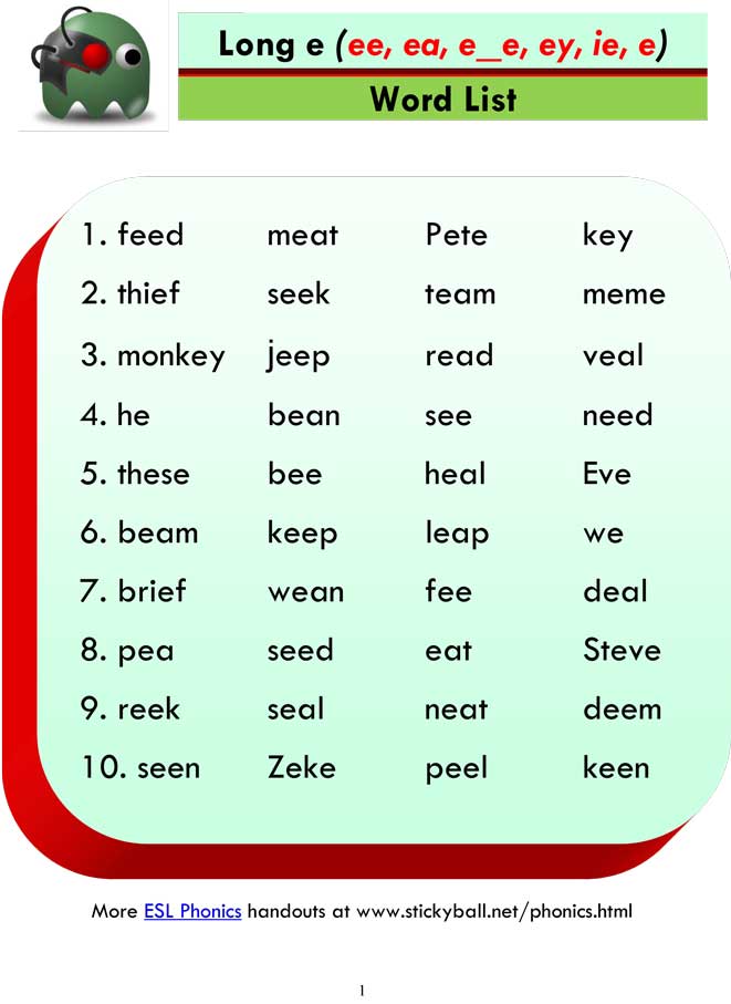 ESL Phonics: Long "e" - Word List and Sentences