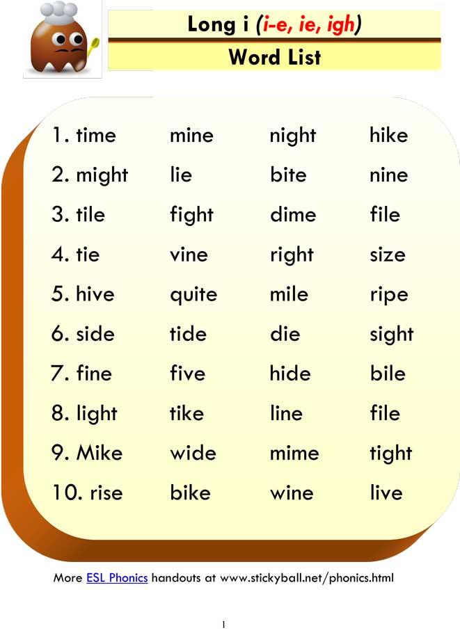ESL Phonics: Long "i" - Word List and Sentences