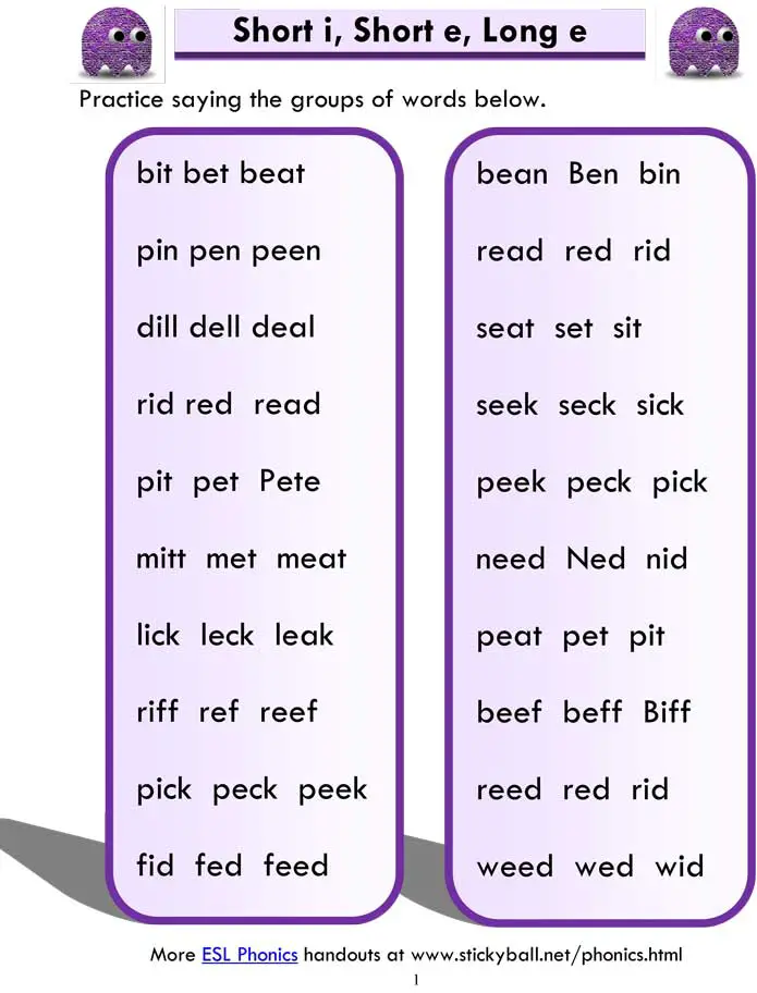 ESL Phonics: Short i, Short e, Long e