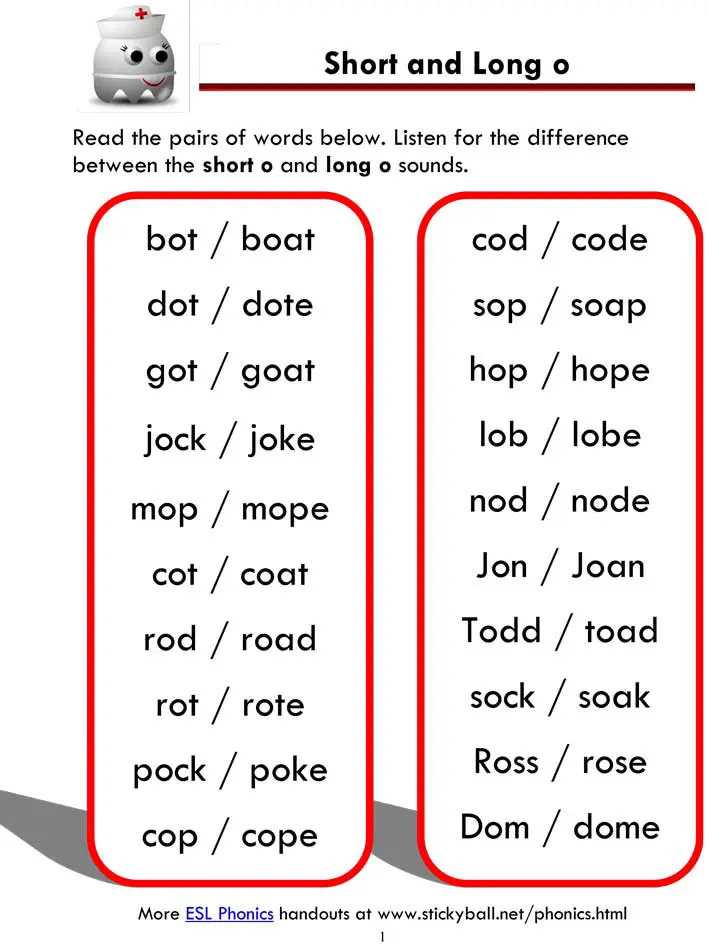 short o and long o word list and sentences 1