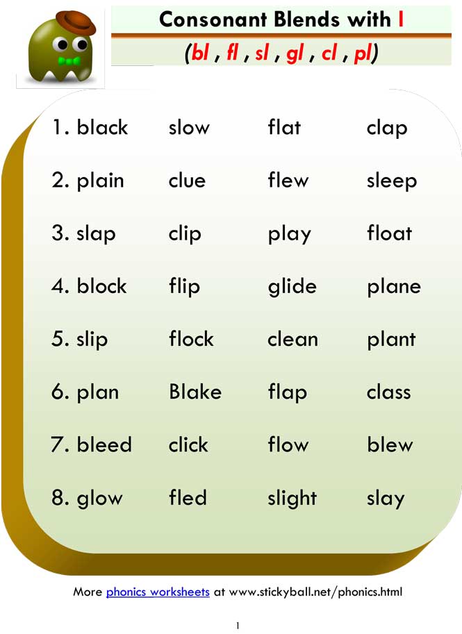 consonant blends bl fl sl gl cl pl 1