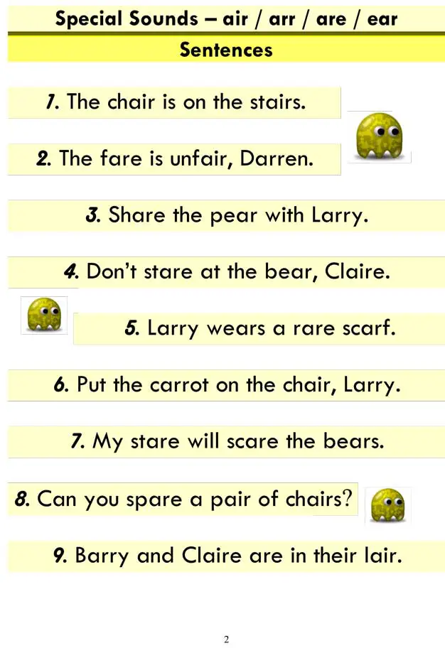air arr are ear word list and sentences 2