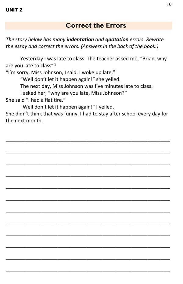 writing lesson error correction indention quotations