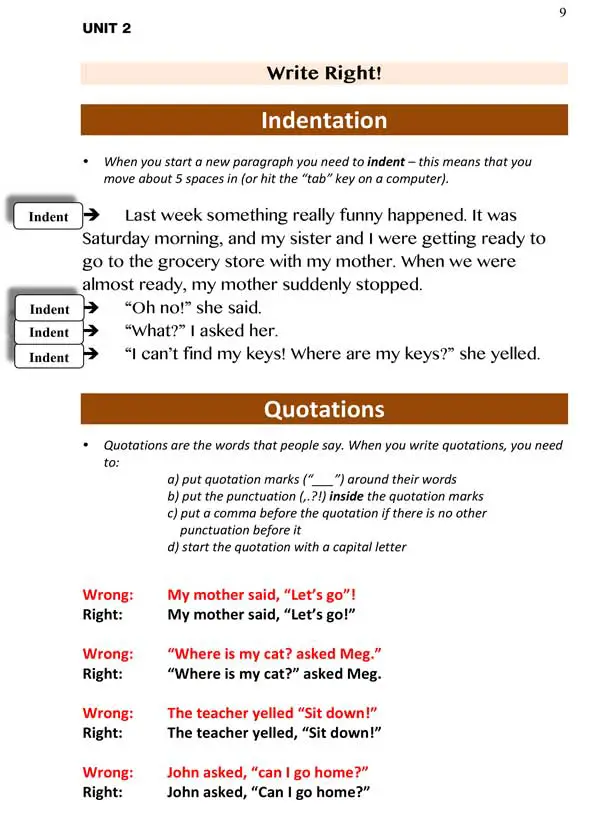writing lesson indention quotations