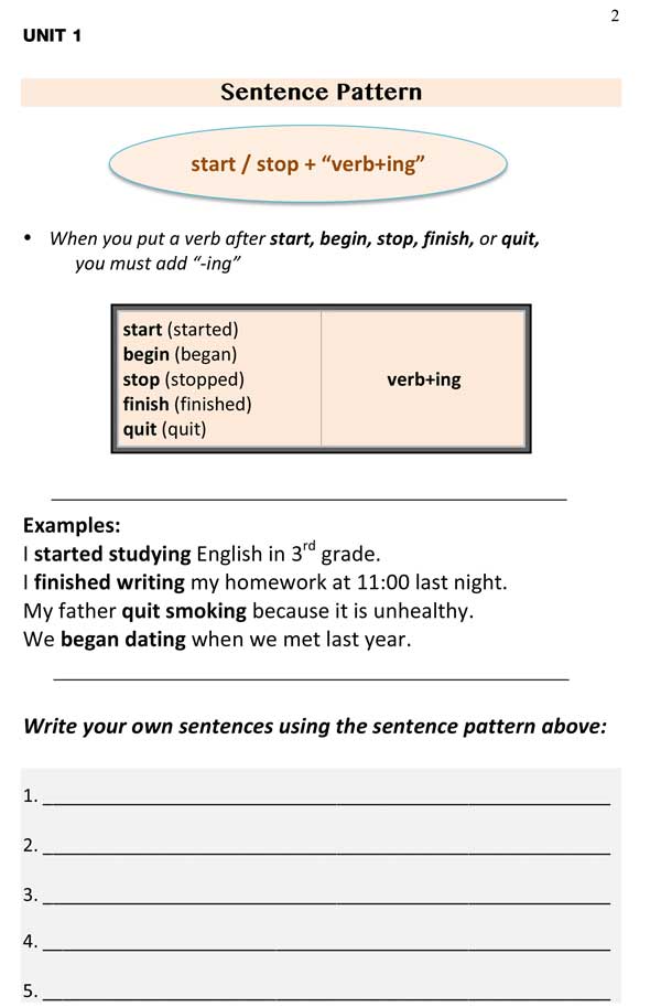 writing lesson start stop verb ing