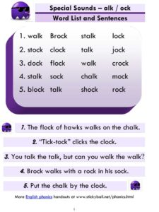 Read more about the article Advanced Phonics (alk / ock) – Word List and Sentences