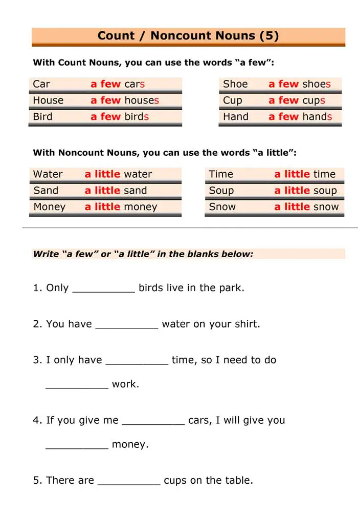 Esl grammar count noncount nouns with a few and a little 