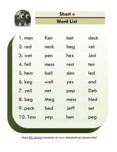 Read more about the article Short e – Word List and Sentences