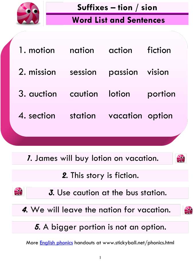 Read more about the article Advanced Phonics (tion / sion) – Word List and Sentences