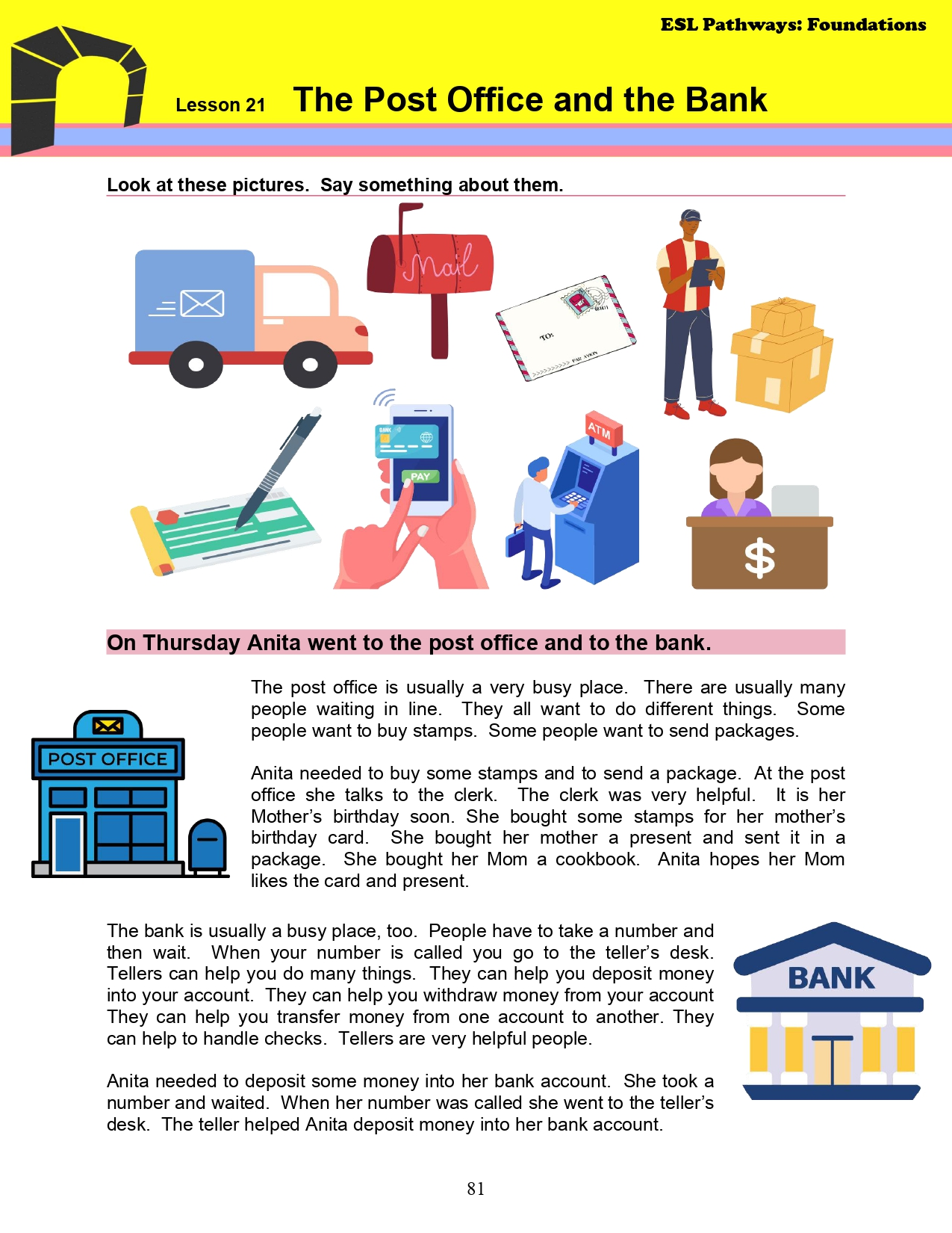 Read more about the article Adult ESL Lessons: The Post Office and the Bank (Beginner)