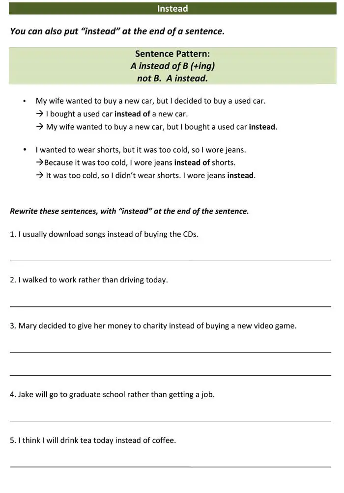 Read more about the article ESL Writing: Instead (worksheet)