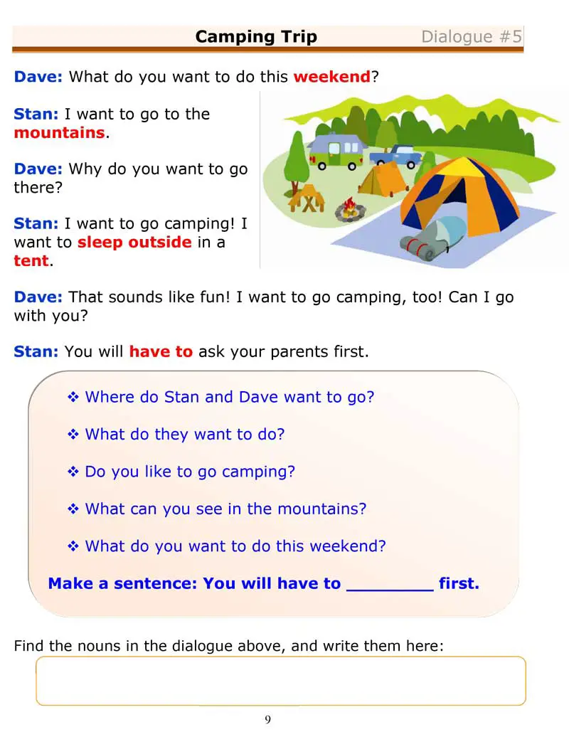 Camping dialogue. Урок английского Camping. Short dialog about trip for Kids с переводам. Camping текст. Camping ESL.