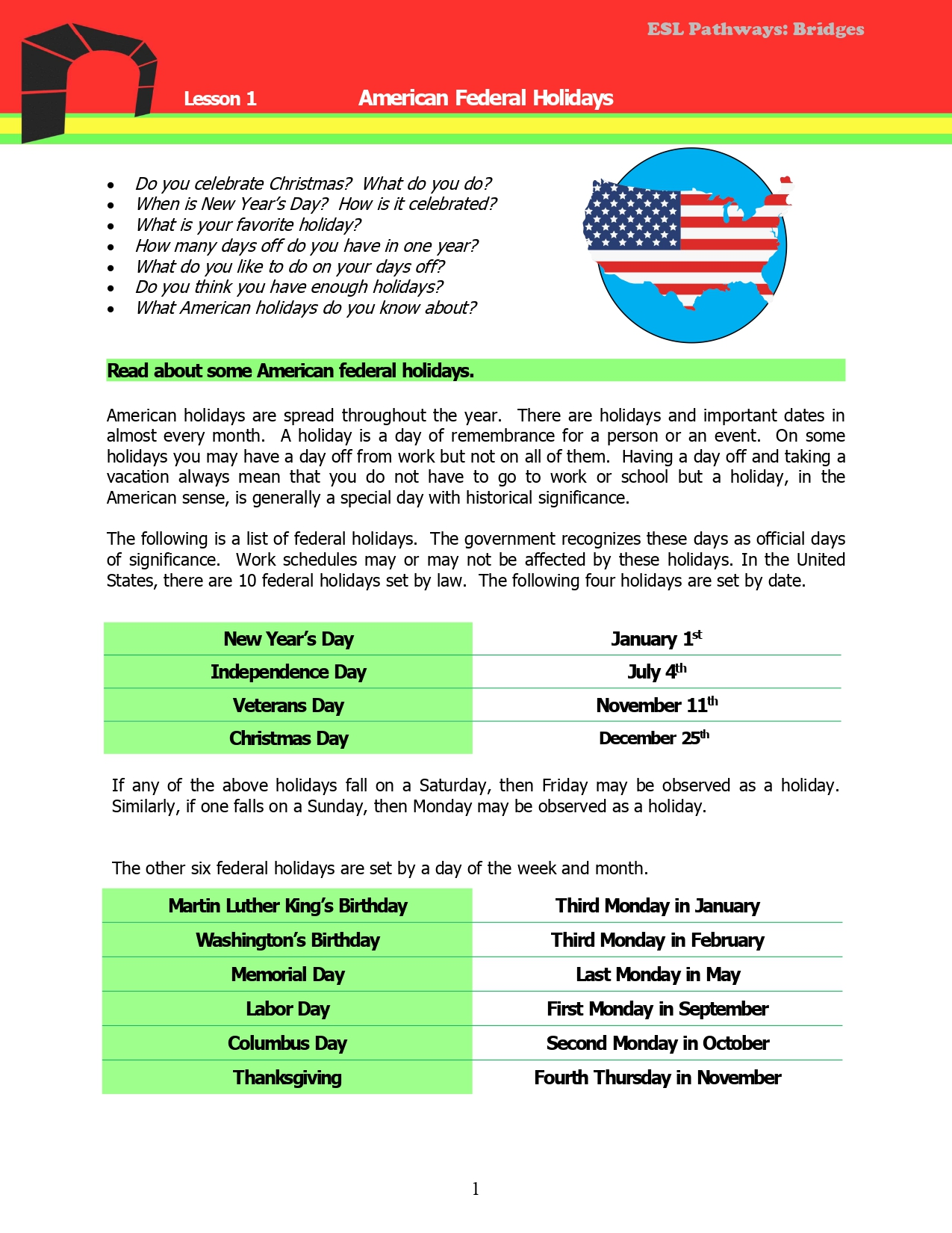 Read more about the article Adult ESL Lessons: American Holidays (Intermediate)
