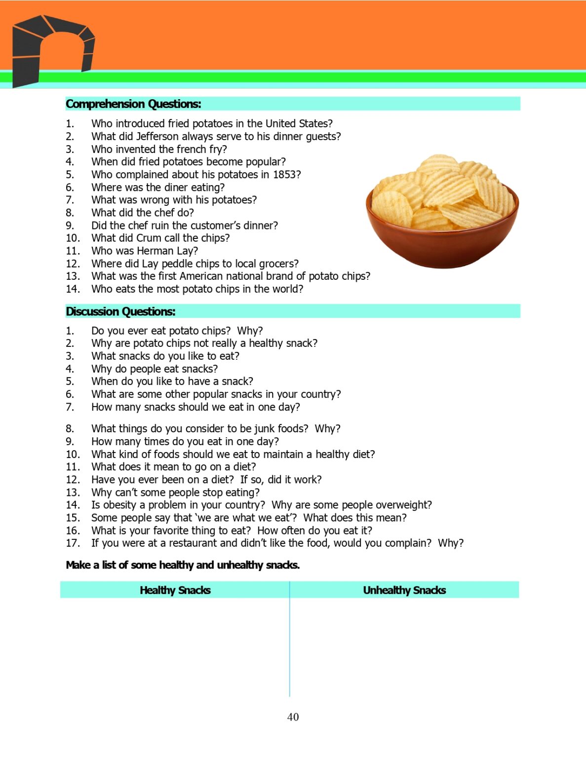 Adult ESL Lessons: Potato Chips (Advanced) - Stickyball ESL Lessons